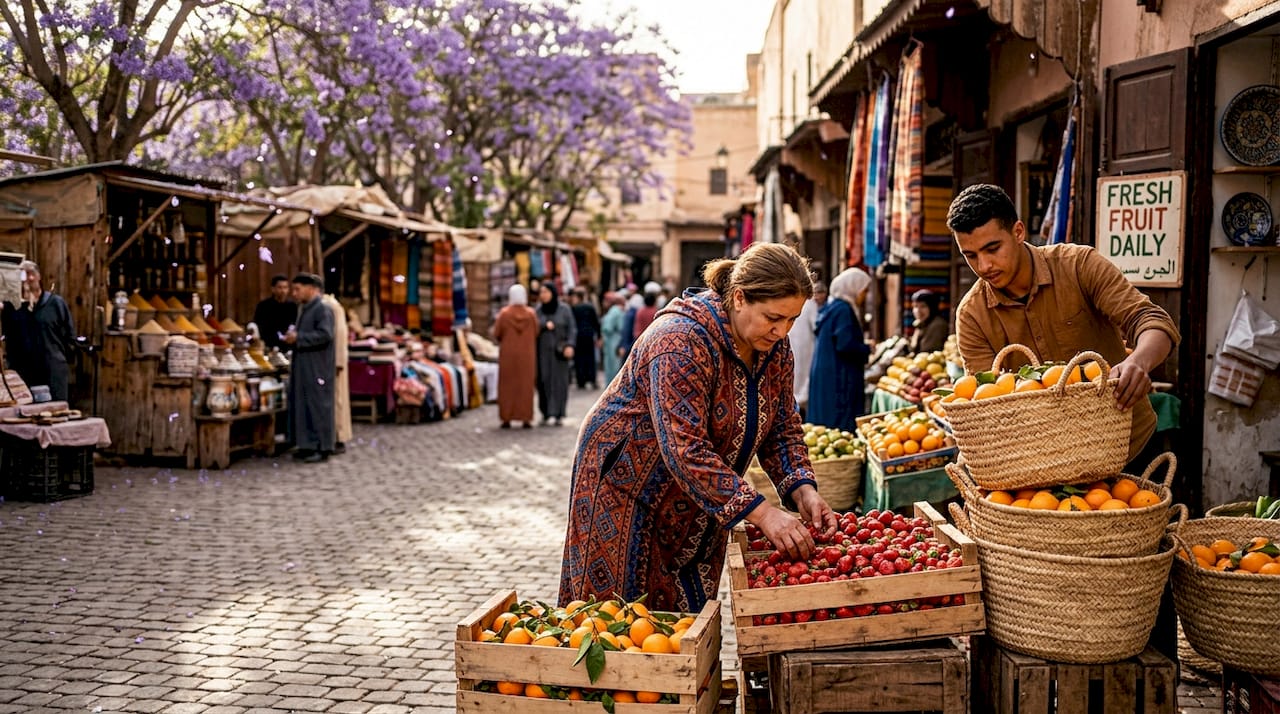 Spring Moroccan market with fresh fruit vendors