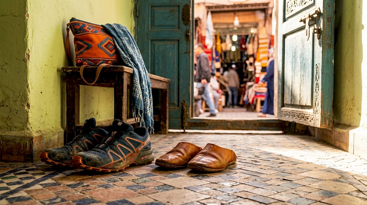 Trail shoes and slippers at medina entryway