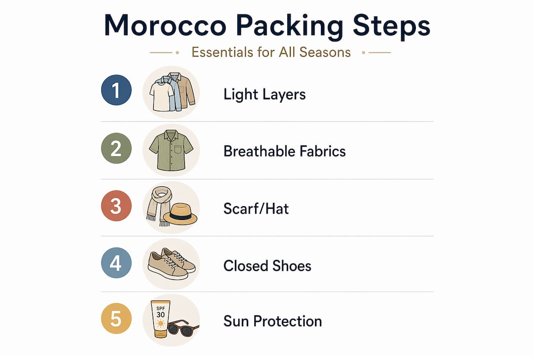 Infographic showing Morocco packing steps for all seasons