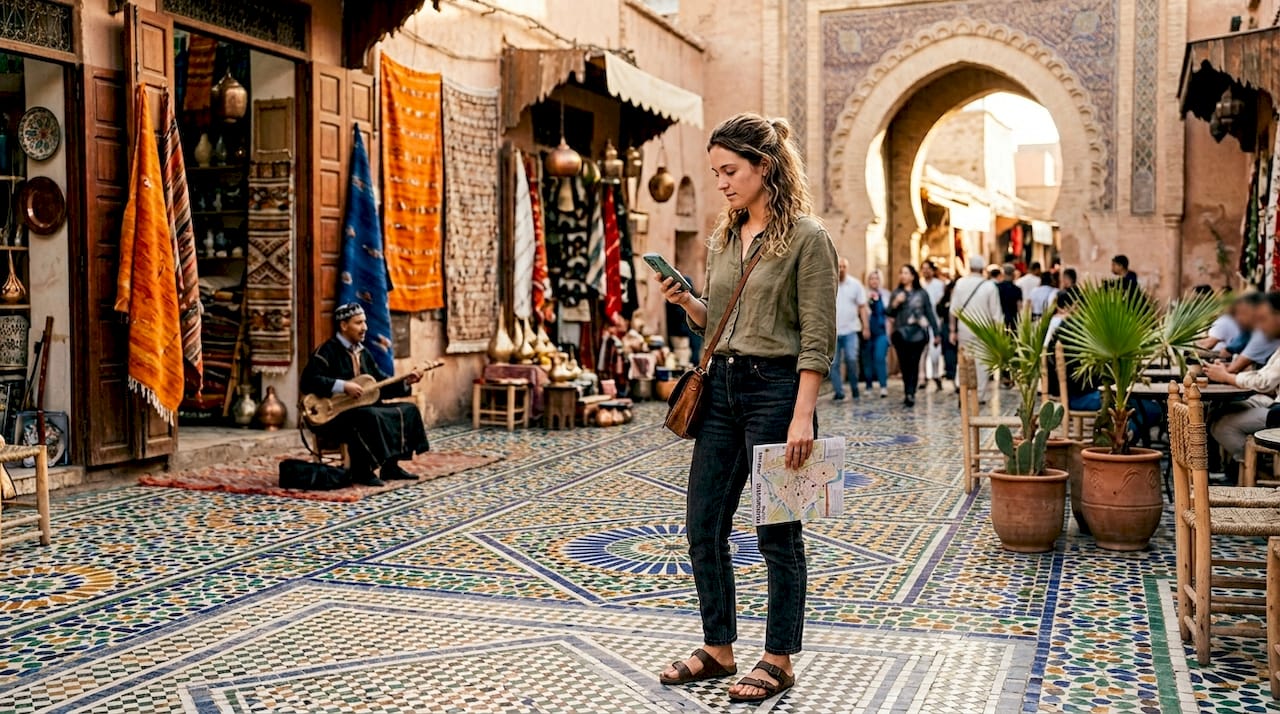 Woman navigating Moroccan medina confidently