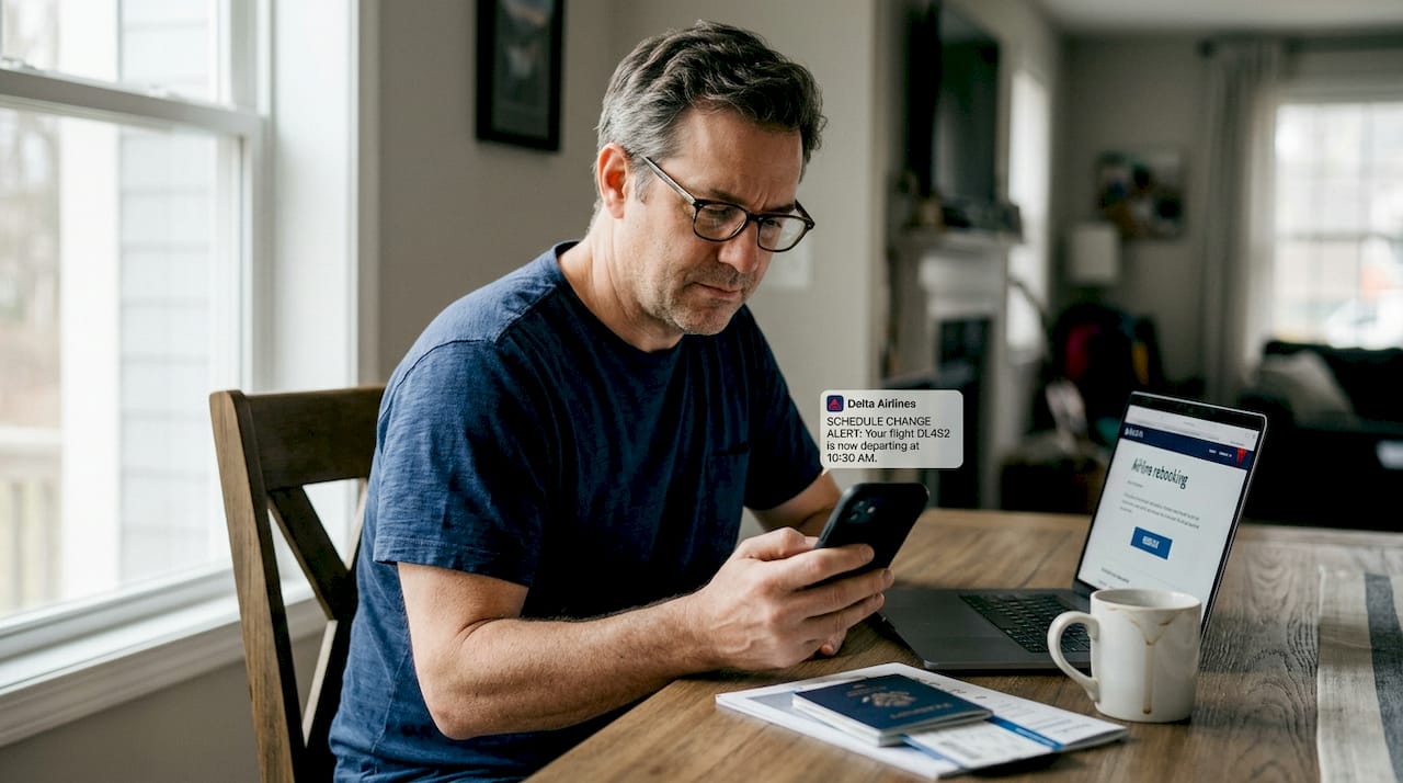 Man managing sudden flight schedule change