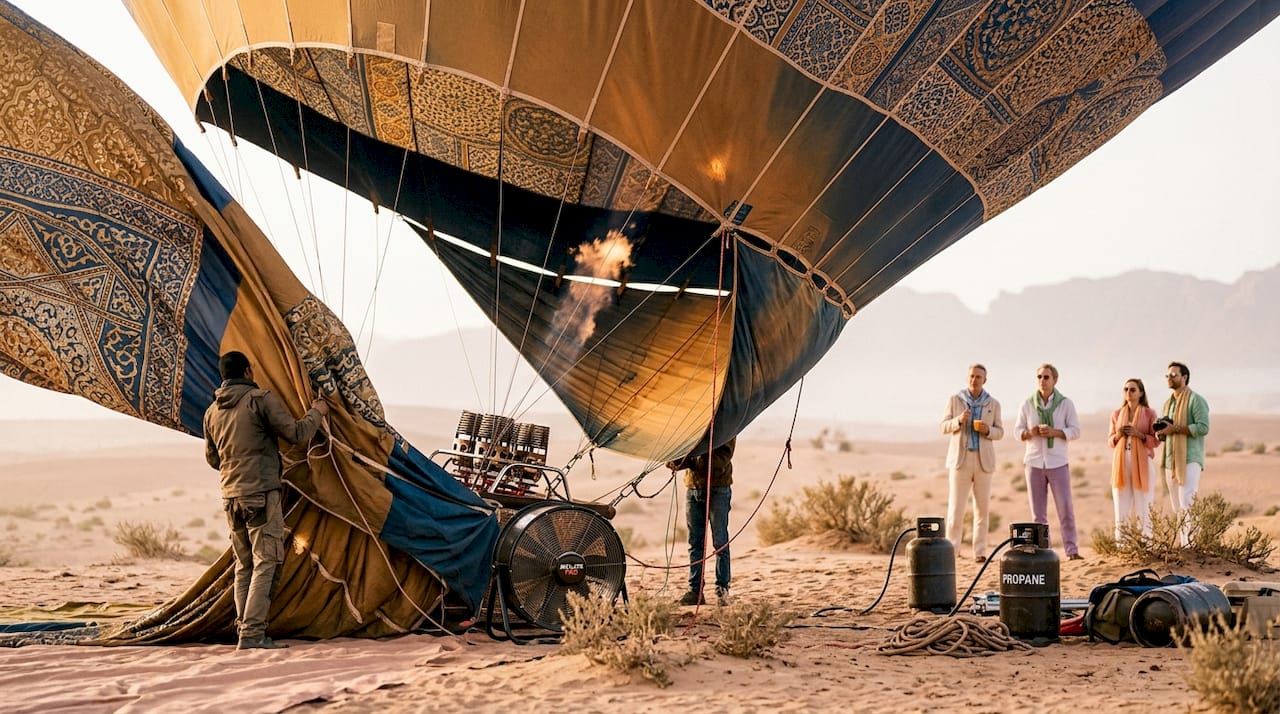 Morocco Hot Air Balloon Tours: Your Adventure Guide 1 Crew inflating hot air balloon at Moroccan desert launch site