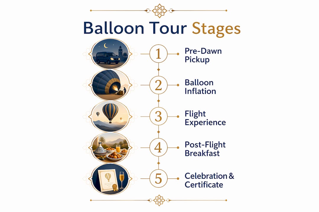 Morocco Hot Air Balloon Tours: Your Adventure Guide 2 Infographic outlining stages of Morocco balloon tours