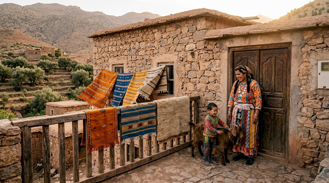 Traditional Amazigh village with local residents and textiles