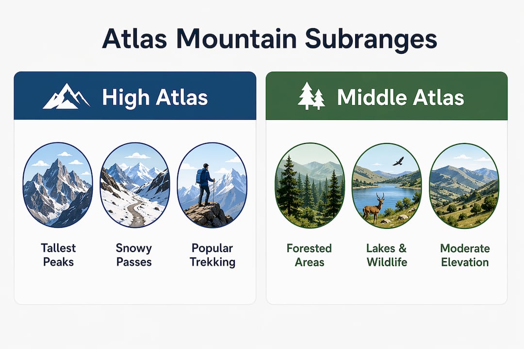 Infographic comparing High Atlas and Middle Atlas characteristics
