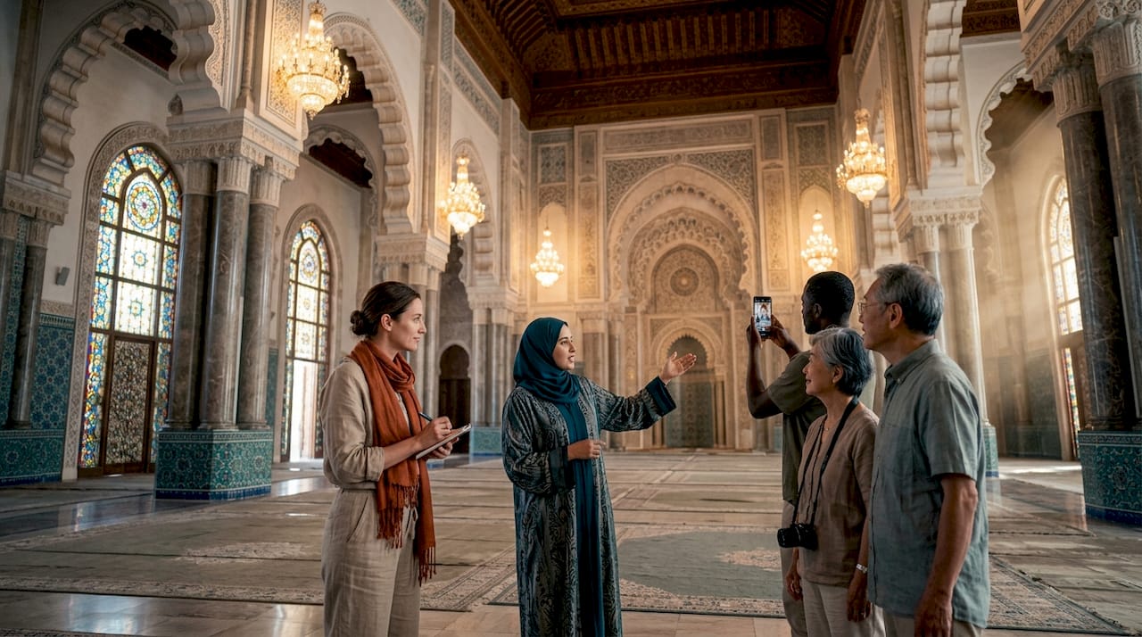 Tour group inside Hassan II Mosque prayer hall