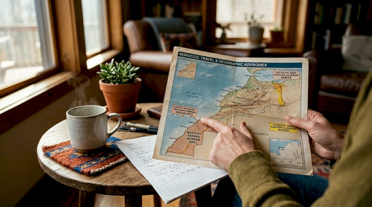 Traveler reviewing Morocco safety risk map