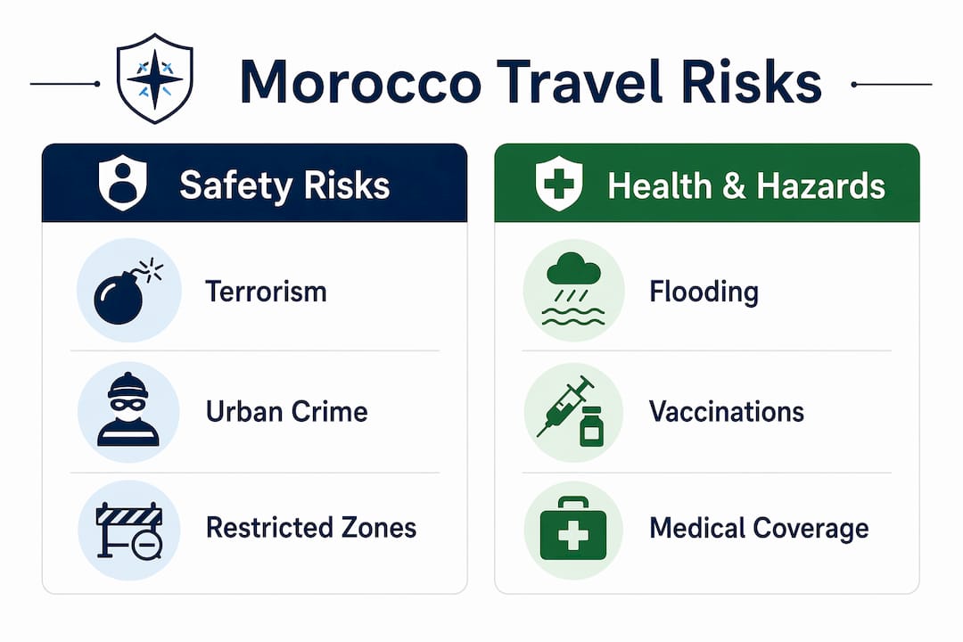 Infographic comparing safety risks and health hazards in Morocco