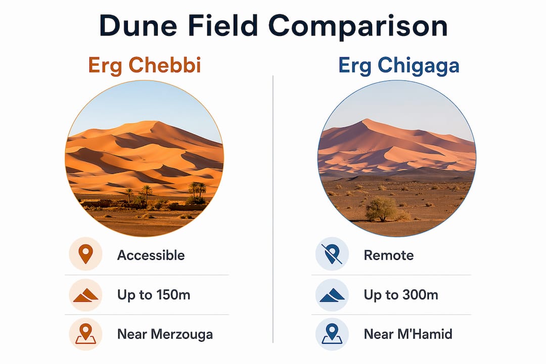 Infographic comparing Erg Chebbi and Erg Chigaga dune fields