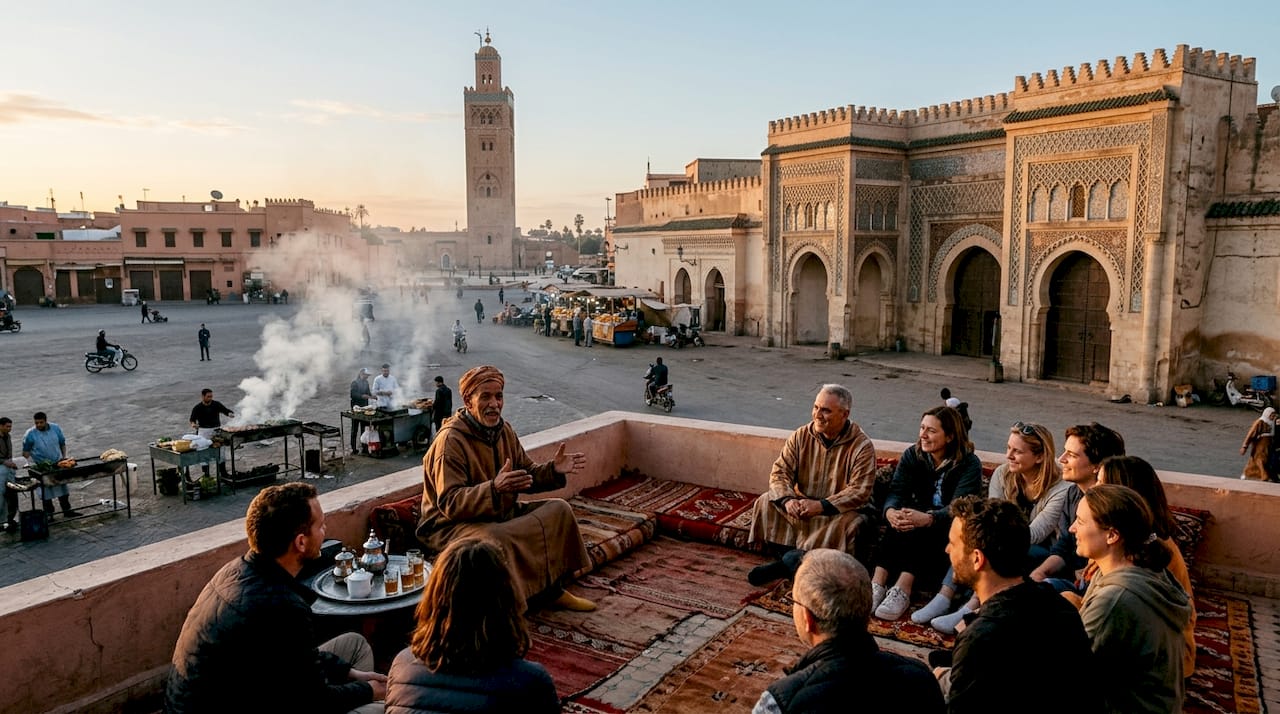 Jemaa el-Fnaa square lively dusk scene