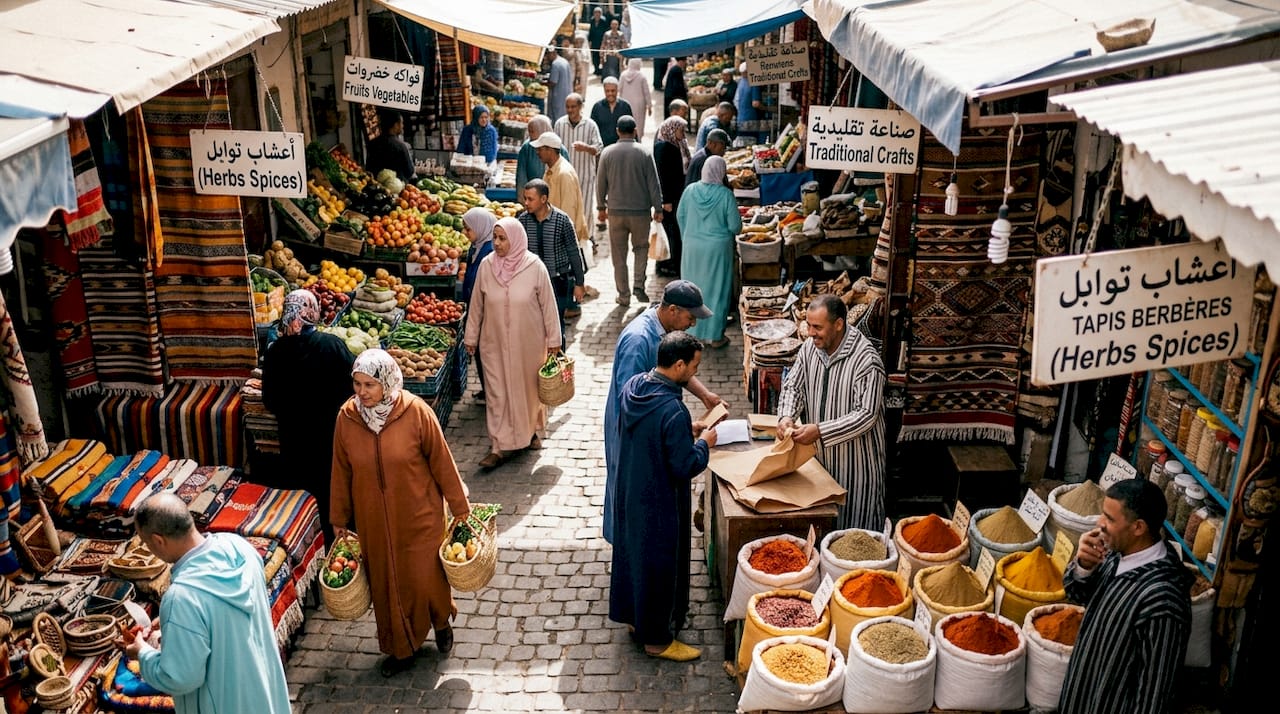 Busy Souk El Had market with vendors and shoppers