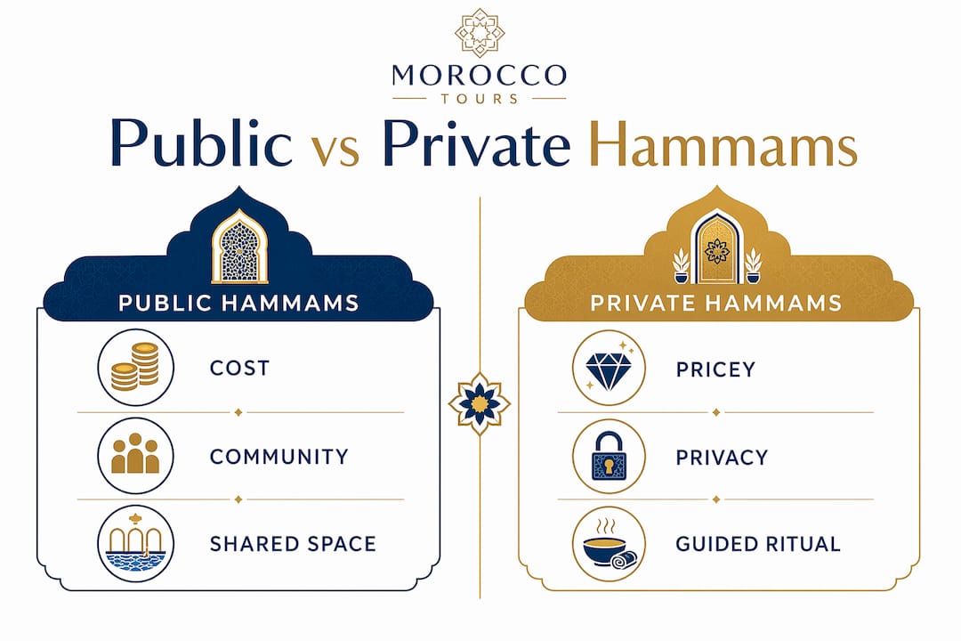 Moroccan Hammam Spa: A Traveler's Complete Guide 2 Infographic comparing public and private Moroccan hammams