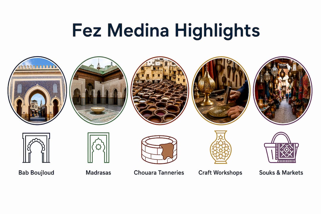 Infographic showing top Fez medina attractions in a hierarchy