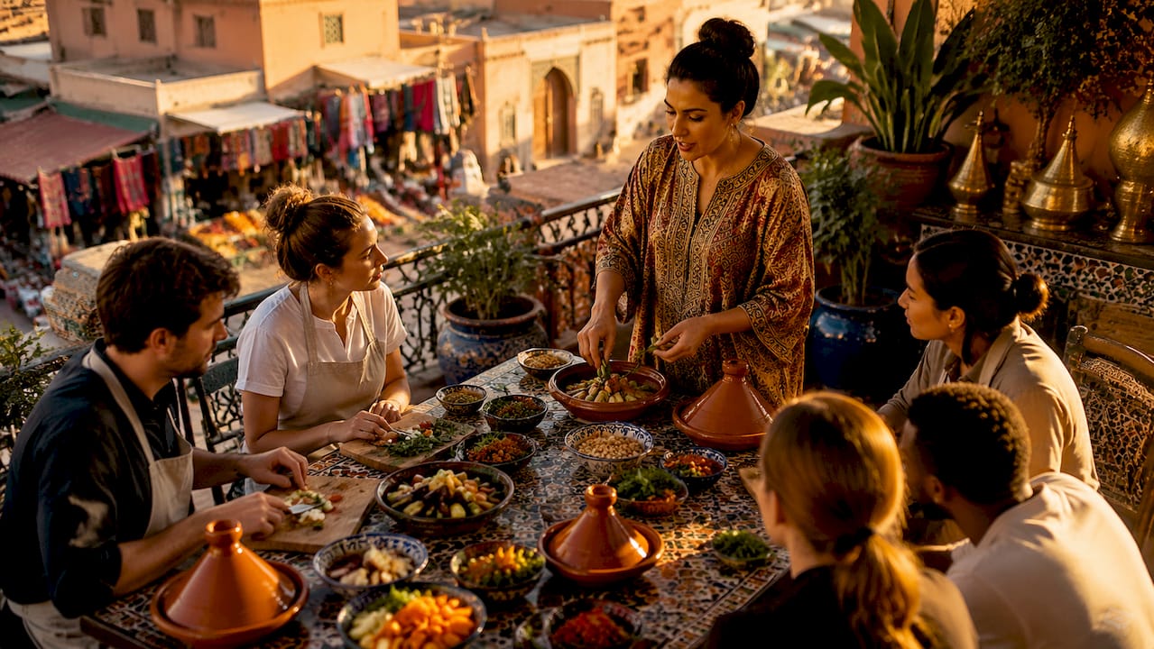Morocco Cooking Class Tours: Your Insider Guide 2 Group cooking Moroccan tagine in riad kitchen