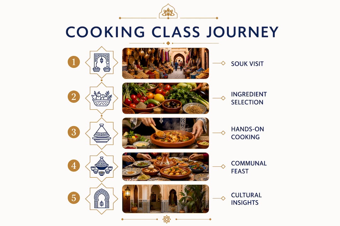 Morocco Cooking Class Tours: Your Insider Guide 1 Infographic illustrating stages of Morocco cooking class tours