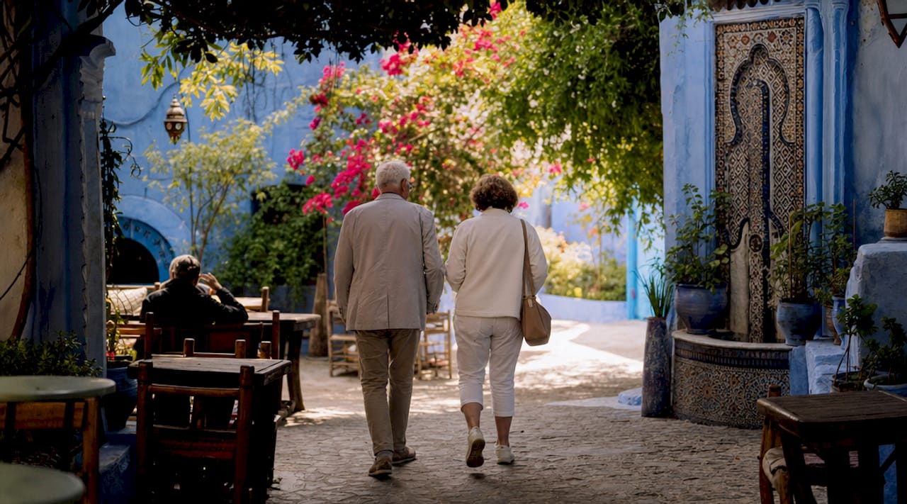 Couple walking in blue-painted Chefchaouen alley