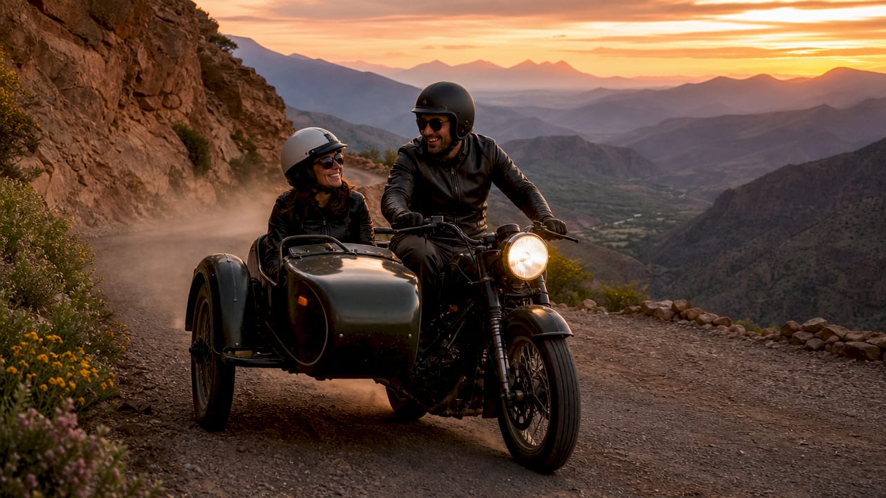 Morocco SideCar Tours: Your Adventure Guide 1 Sidecar motorcycle riding through Atlas Mountains landscape
