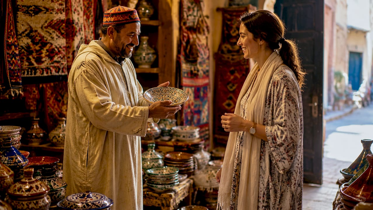 Moroccan shopkeeper assisting visitor indoors