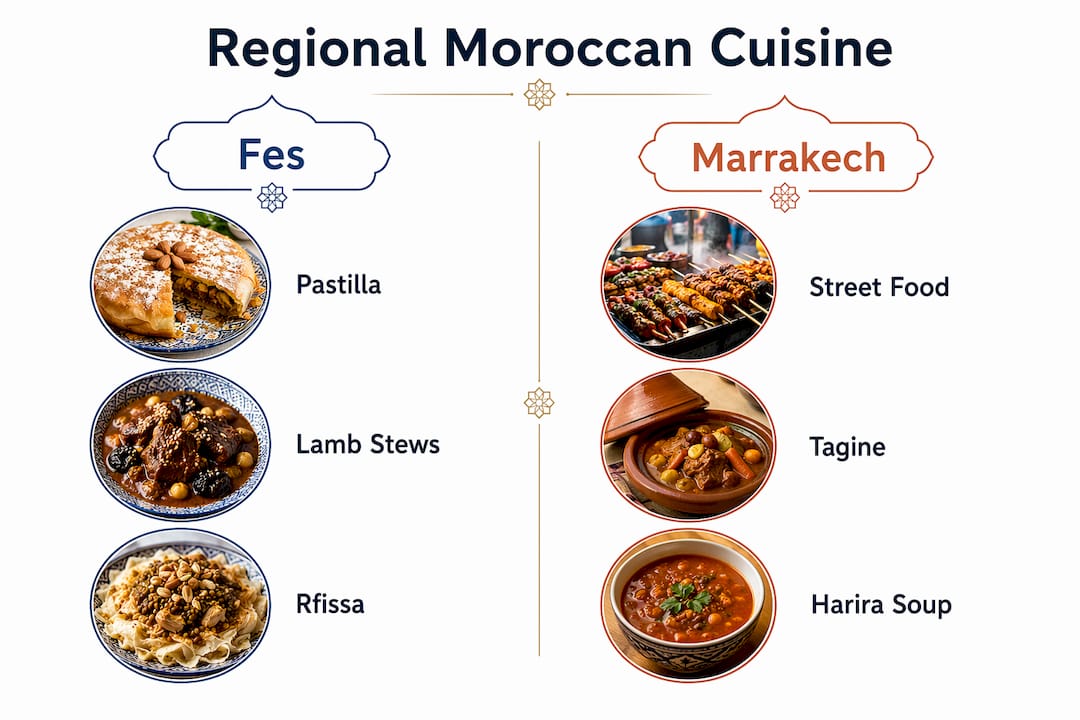 Infographic comparing Fes and Marrakech regional Moroccan dishes