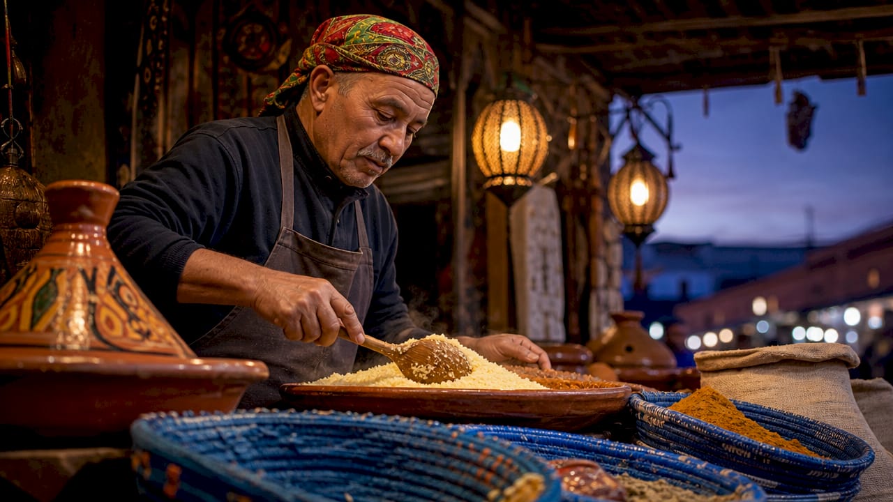 Street vendor cooking couscous in market stall