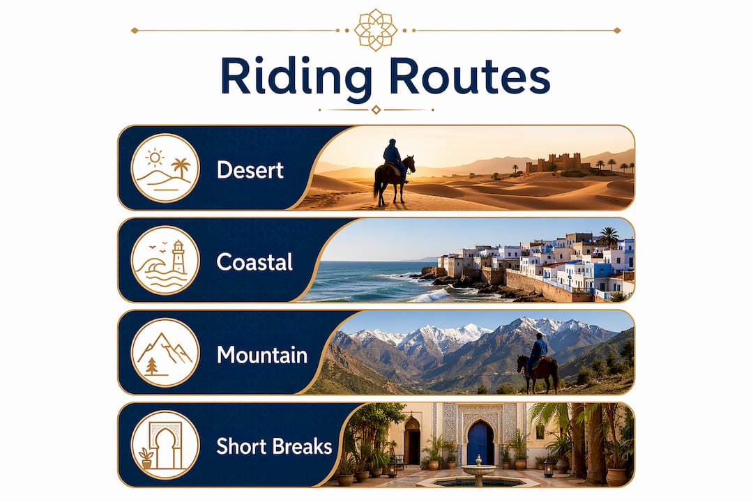 Morocco Horseback Riding Tours: Routes, Tips and Breeds 1 Infographic showing main Morocco horseback riding routes