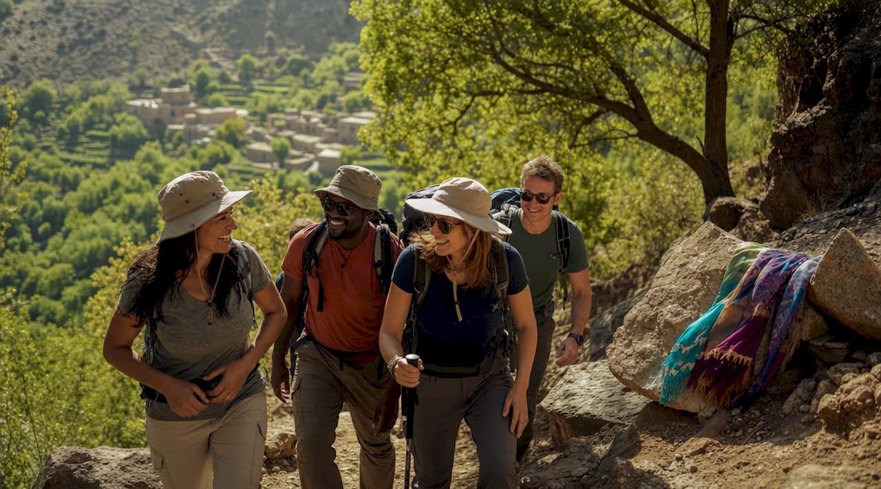 Hikers trekking Atlas Mountains in Morocco