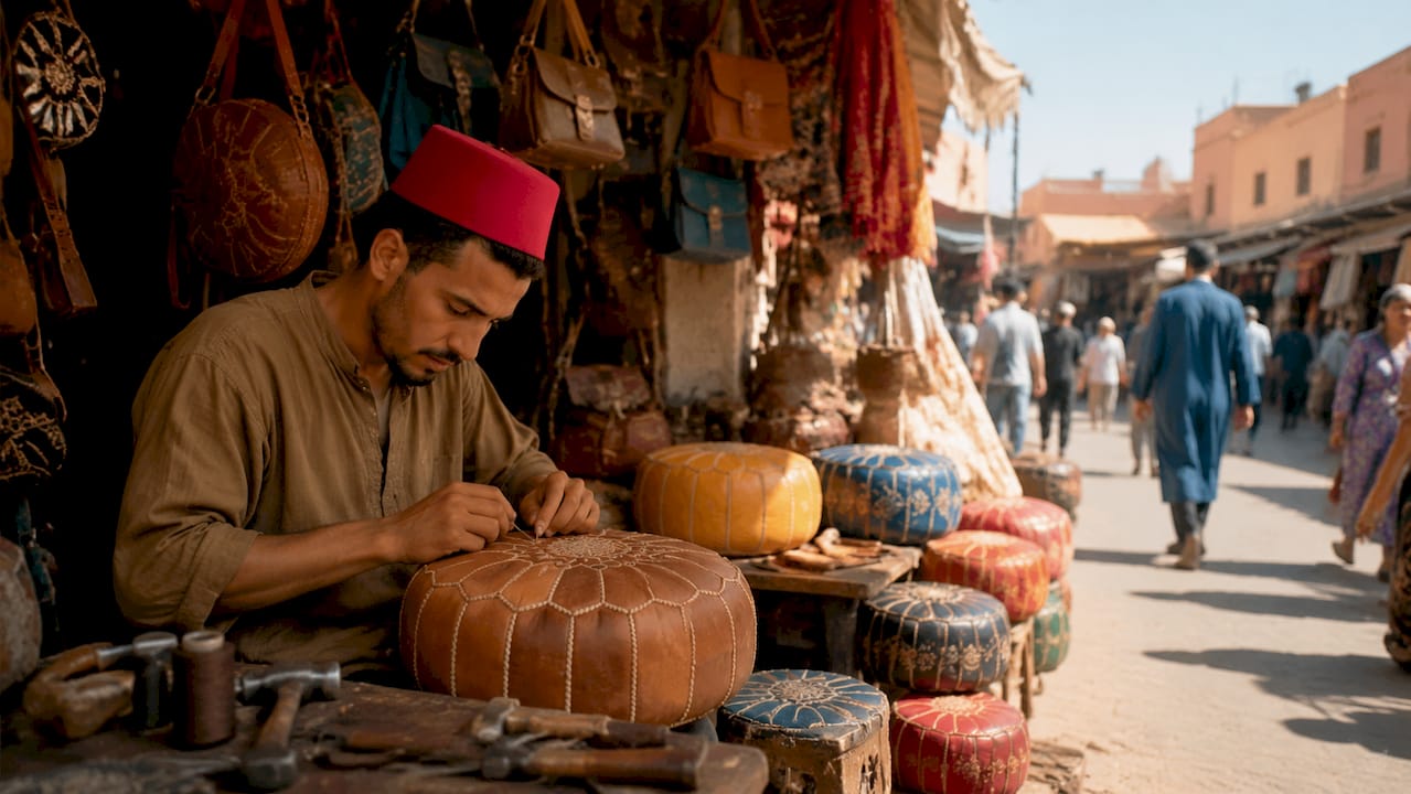 Morocco Shopping Tours: Your Insider Guide 1 Artisan handcrafting leather pouf in Marrakech workshop