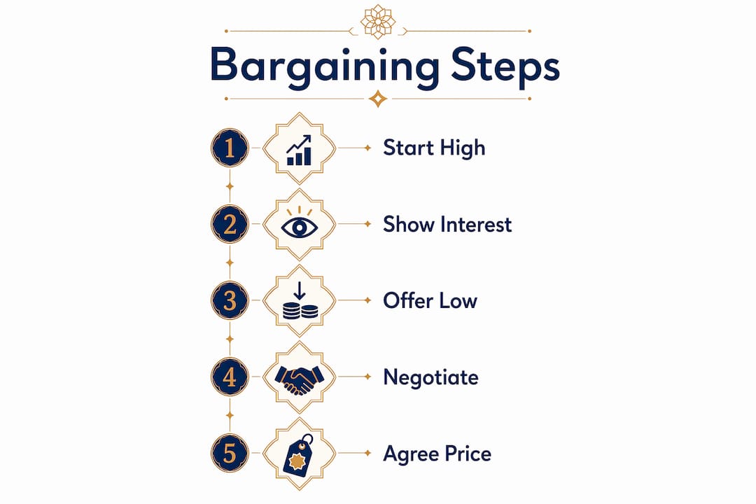 Morocco Shopping Tours: Your Insider Guide 2 Infographic describing bargaining steps in Moroccan souks