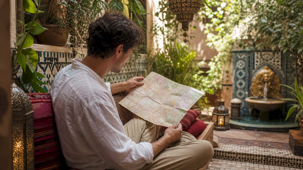 Young man studying map inside Moroccan riad interior