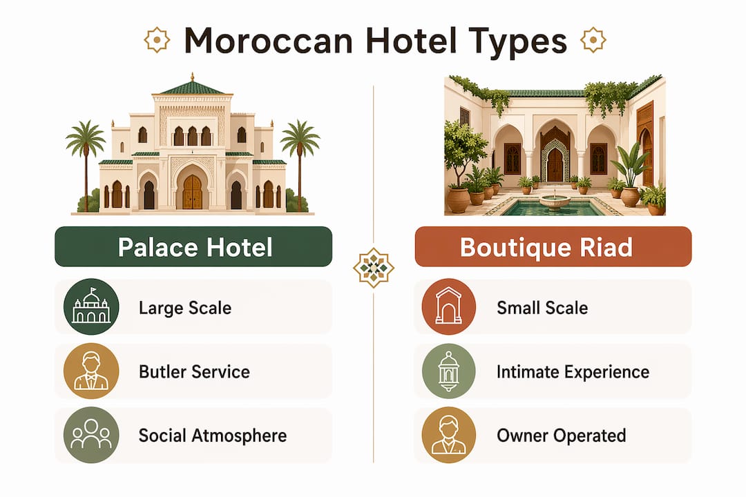 Infographic comparing palace hotels and boutique riads in Morocco