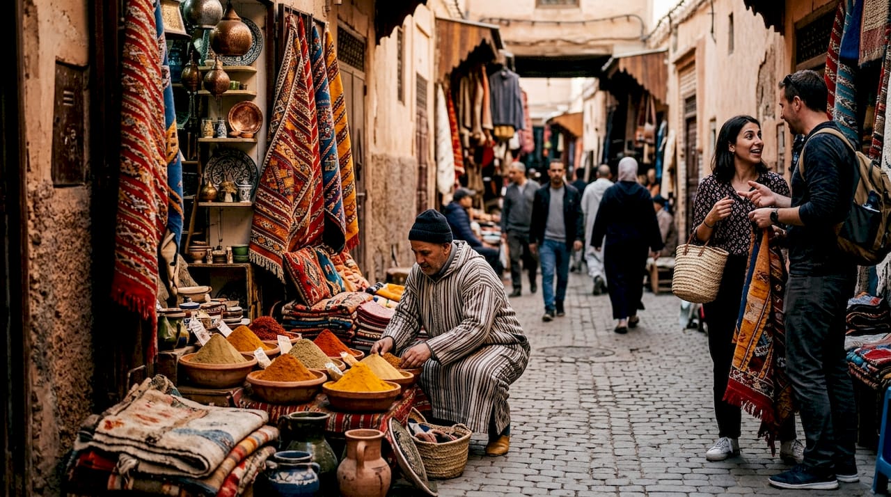 Marrakech street market in spring afternoon