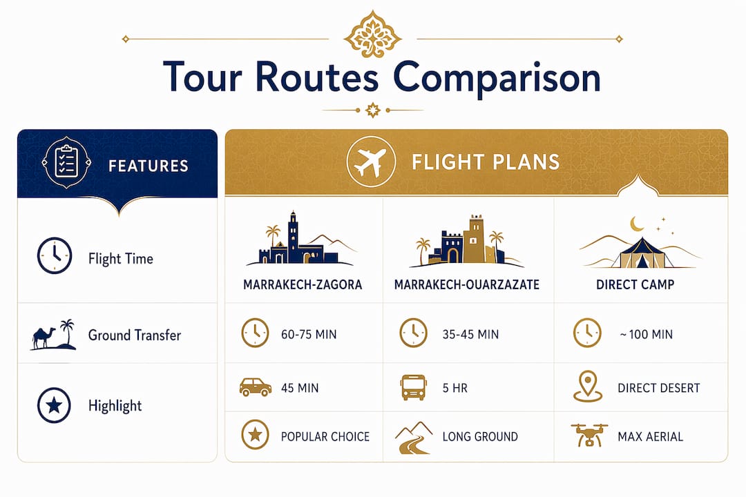 Morocco Helicopter Tours: Your Adventure Guide 2 Infographic comparing main Morocco helicopter tour routes with flight time and features
