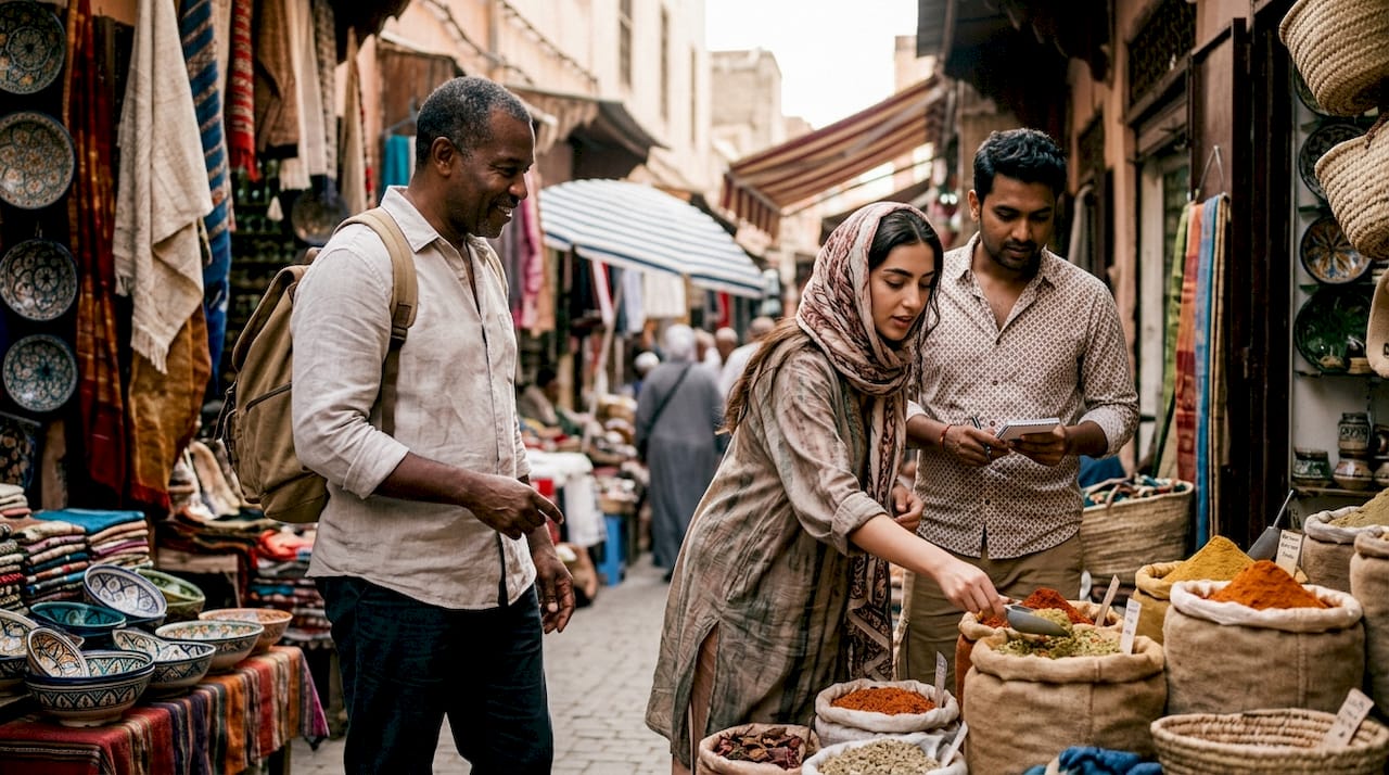 Diverse travelers exploring Moroccan market street
