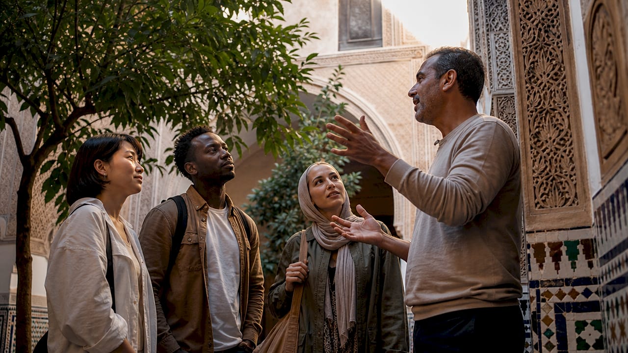 Morocco Private Guides: Your Insider Travel Guide 1 Private guide explaining Fez medina to diverse travelers