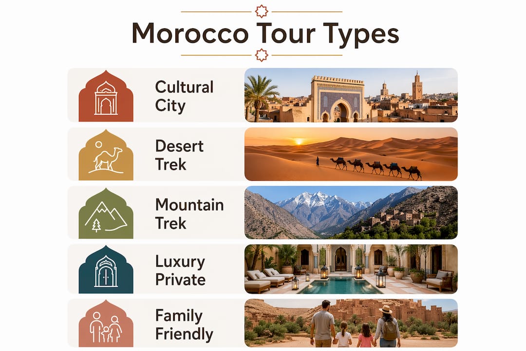Infographic summarizing types of Morocco tours