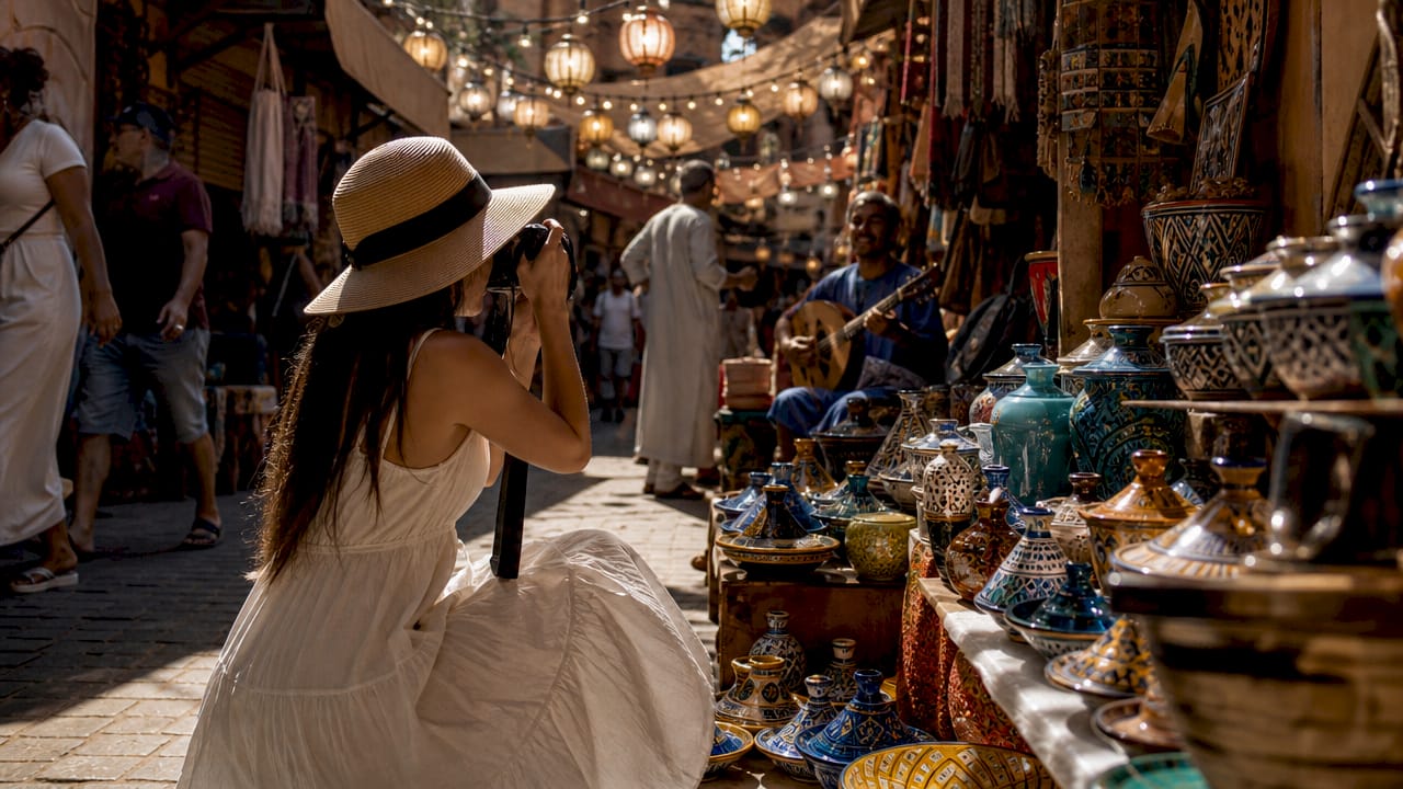 Tourists exploring lively Marrakech medina at dusk