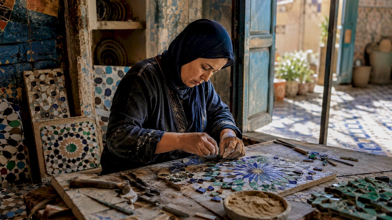Hands crafting traditional Moroccan zellige tiles