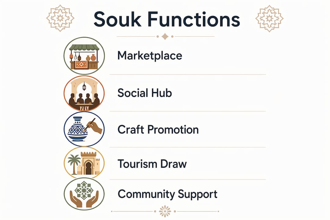 Infographic showing key functions of Moroccan souks as social and economic hubs