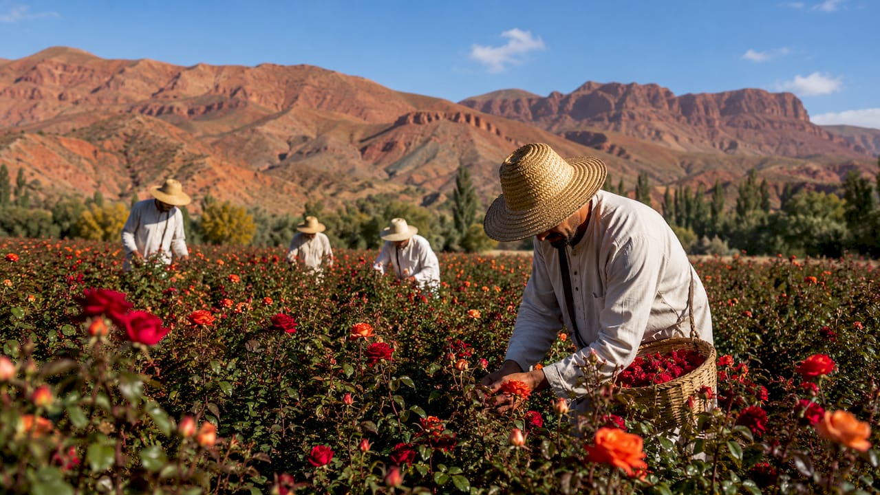 Blooming rose fields in Morocco's spring
