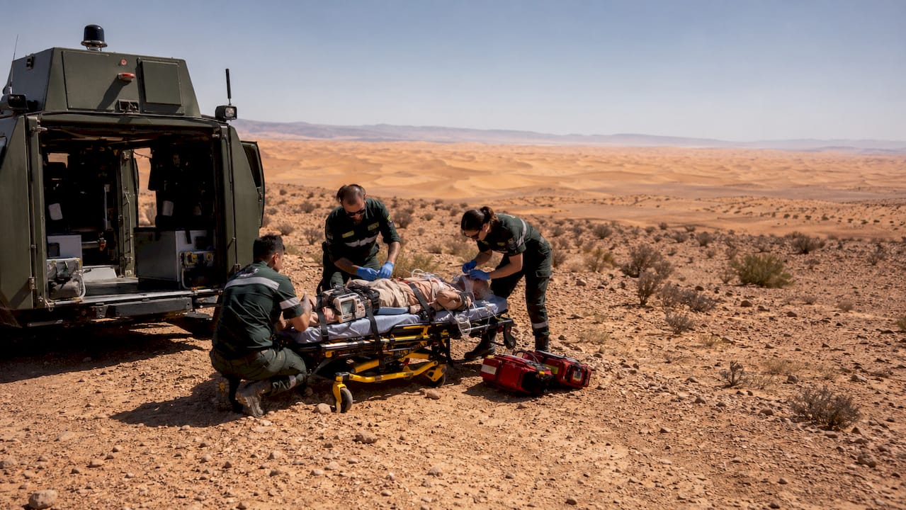 Medical evacuation team in Sahara desert landscape