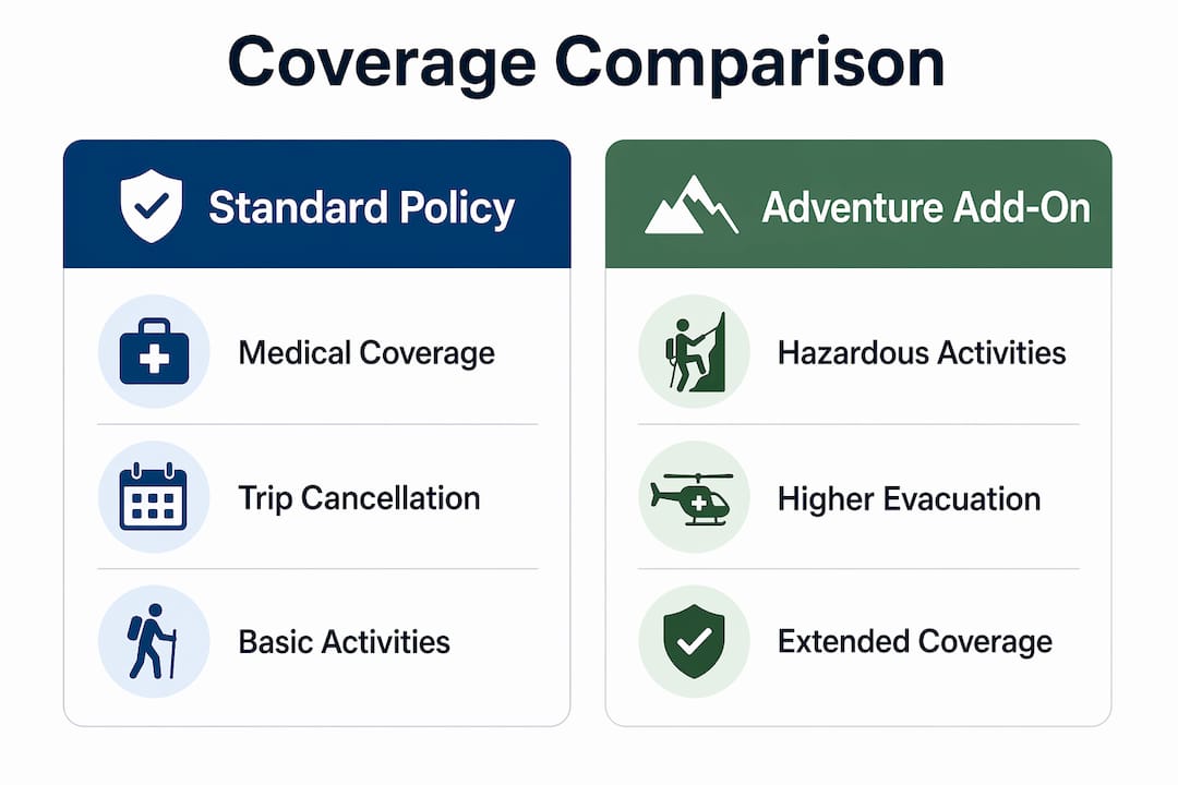 Infographic comparing standard and adventure travel insurance coverage