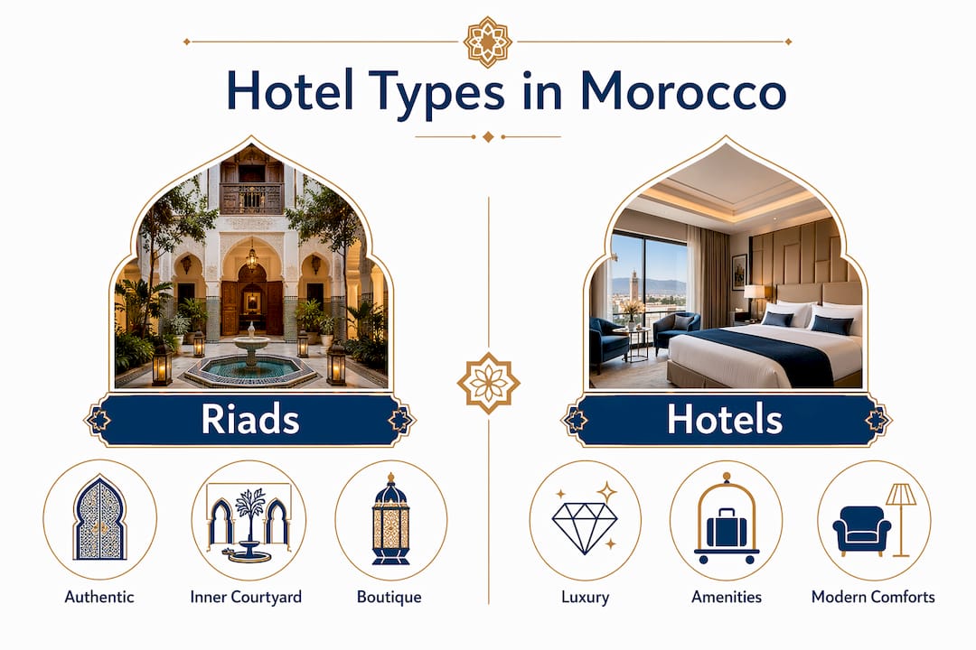 Hotels in Morocco: Your Traveler's Guide 1 Infographic comparing riads and hotels in Morocco