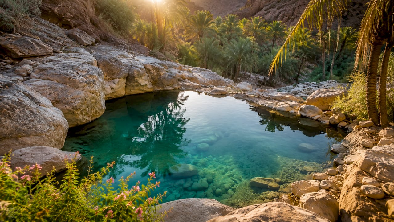 Natural pool in Paradise Valley surrounded by palm trees