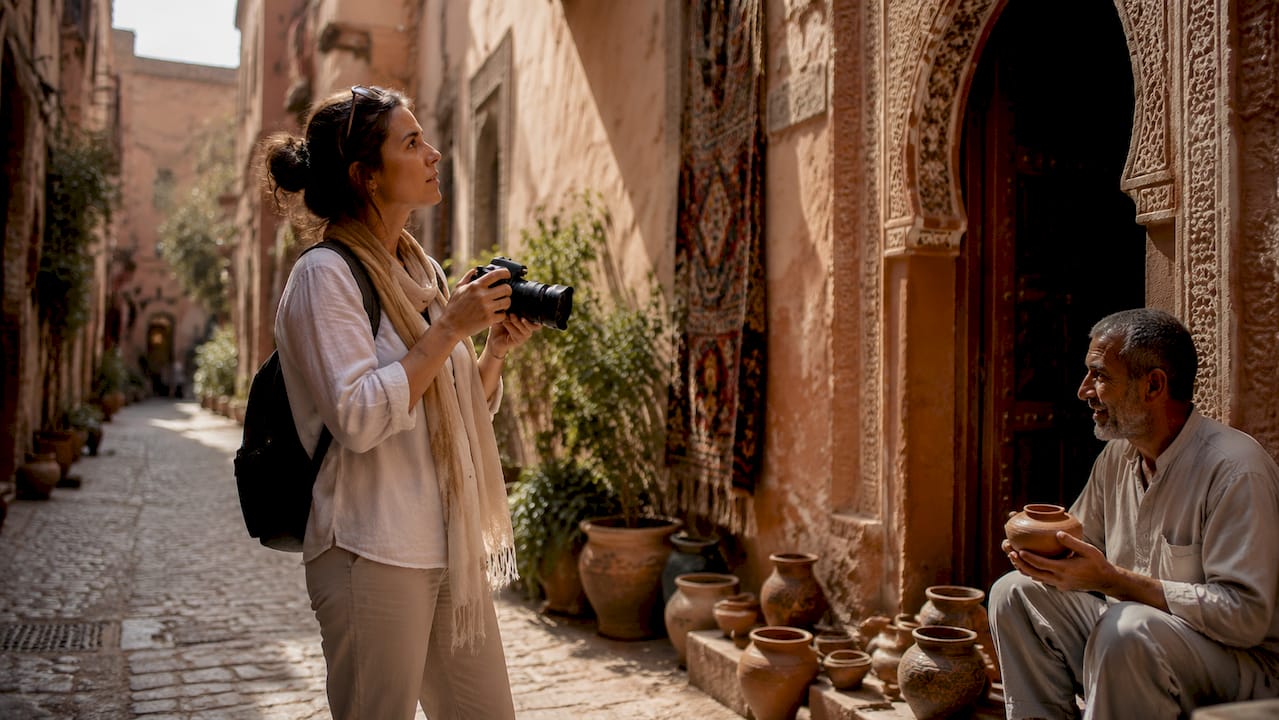 Tourist photographing Marrakech medina doorways