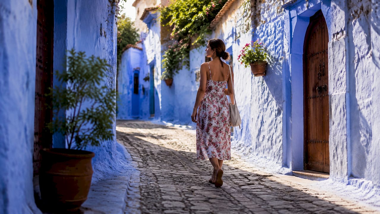 Traveler walking blue alleys of Chefchaouen