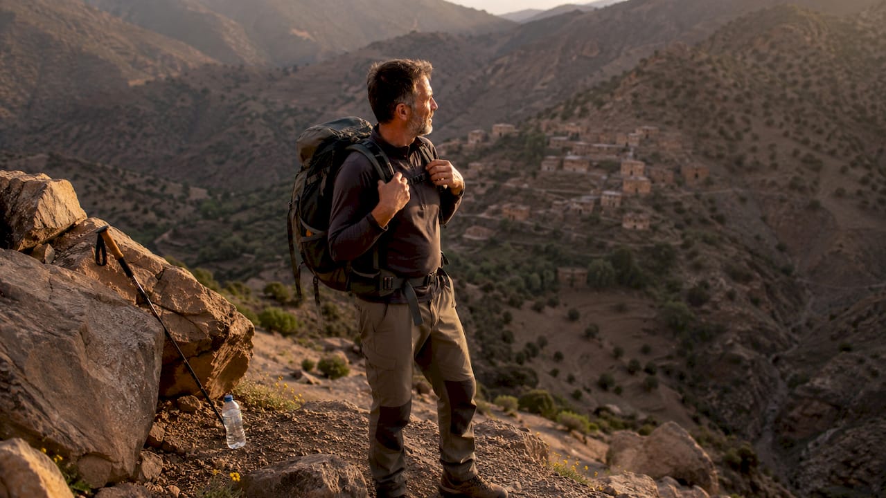 Hiker preparing to trek Atlas Mountains trail