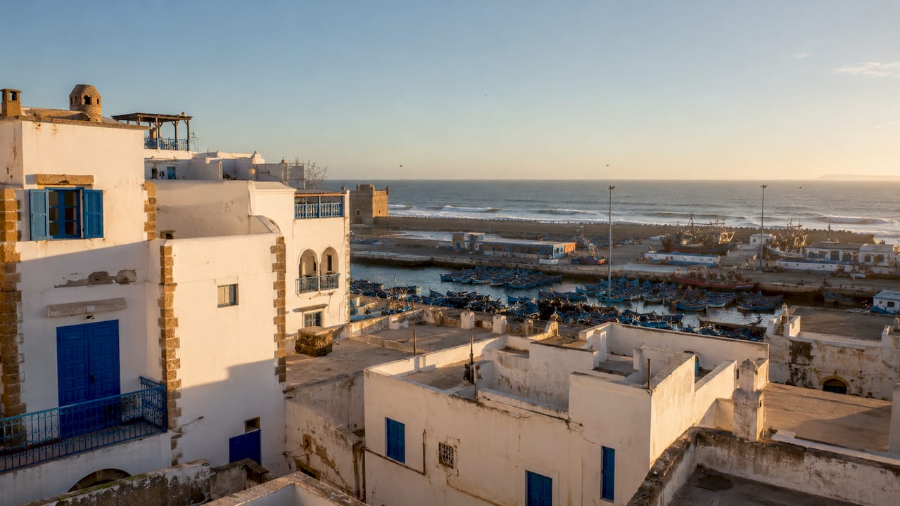 Aerial view of Essaouira coastal cityscape