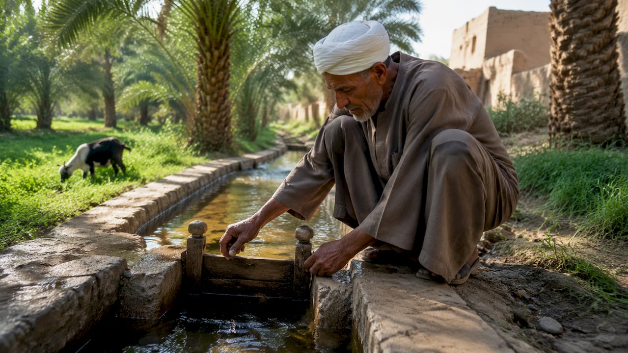 Farmer managing irrigation in Moroccan oasis