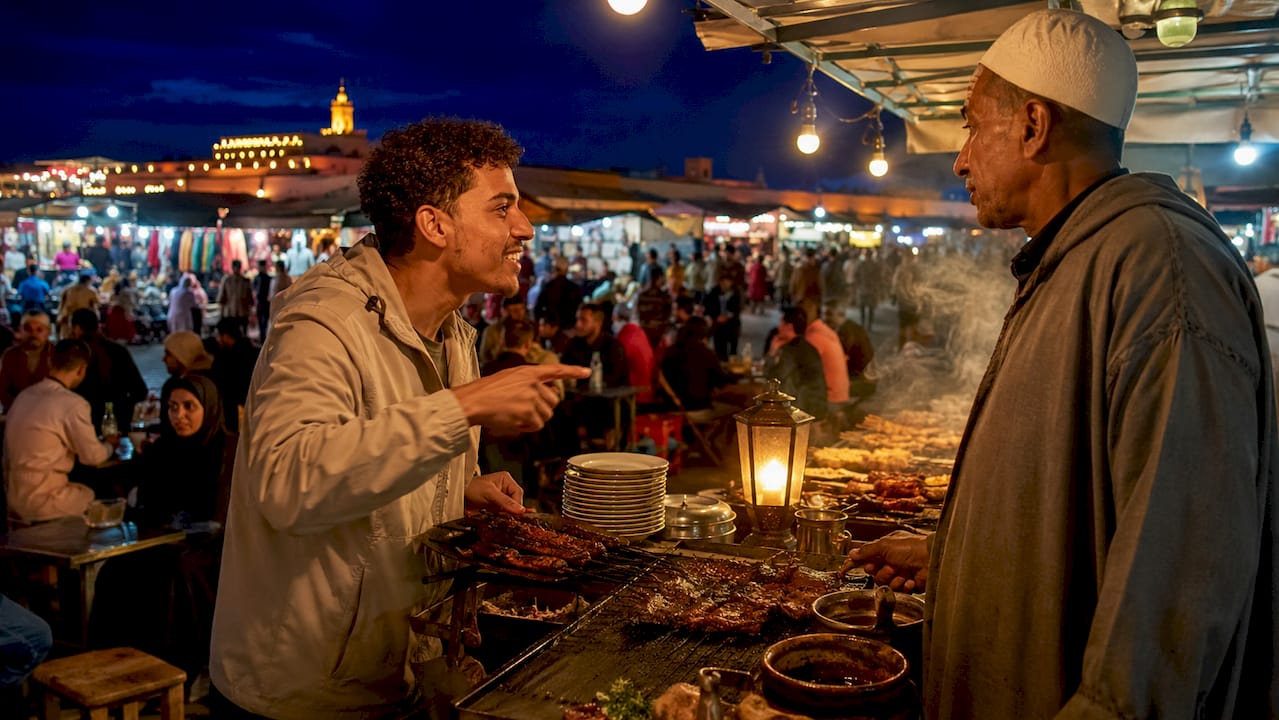 Jemaa el-Fna food stalls at dusk