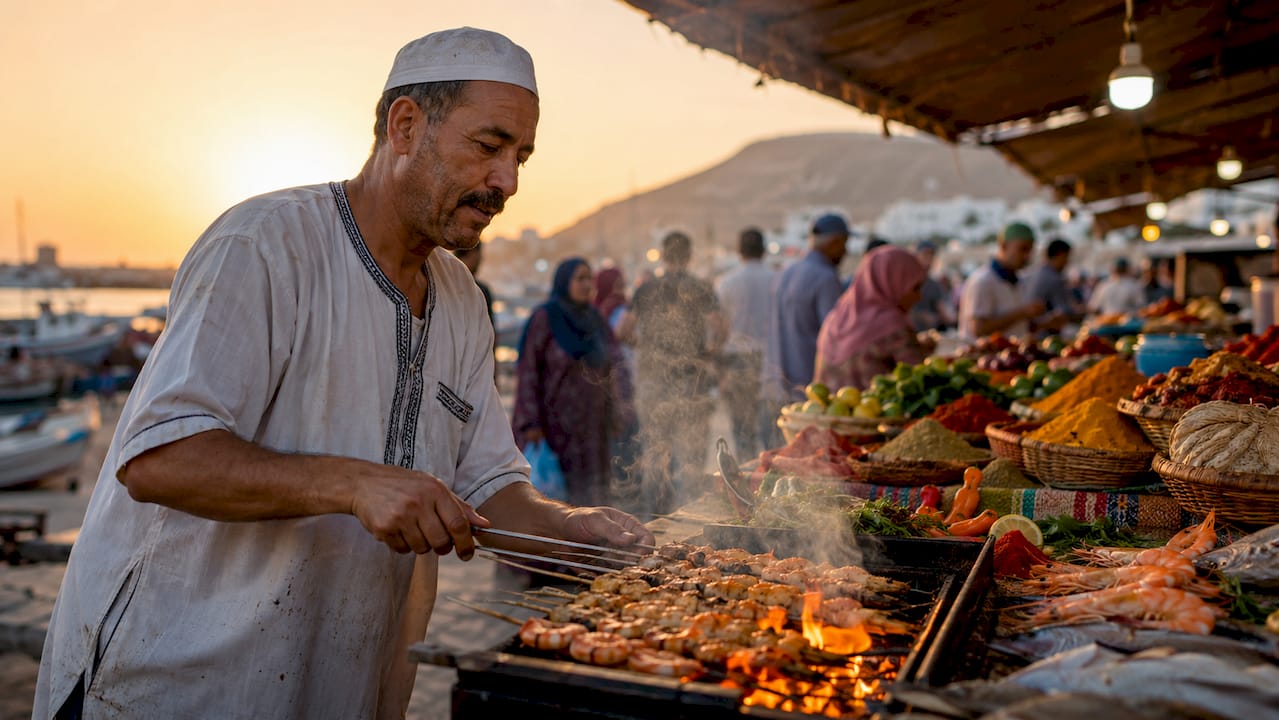 Chef cooking traditional seafood tagine in market stall